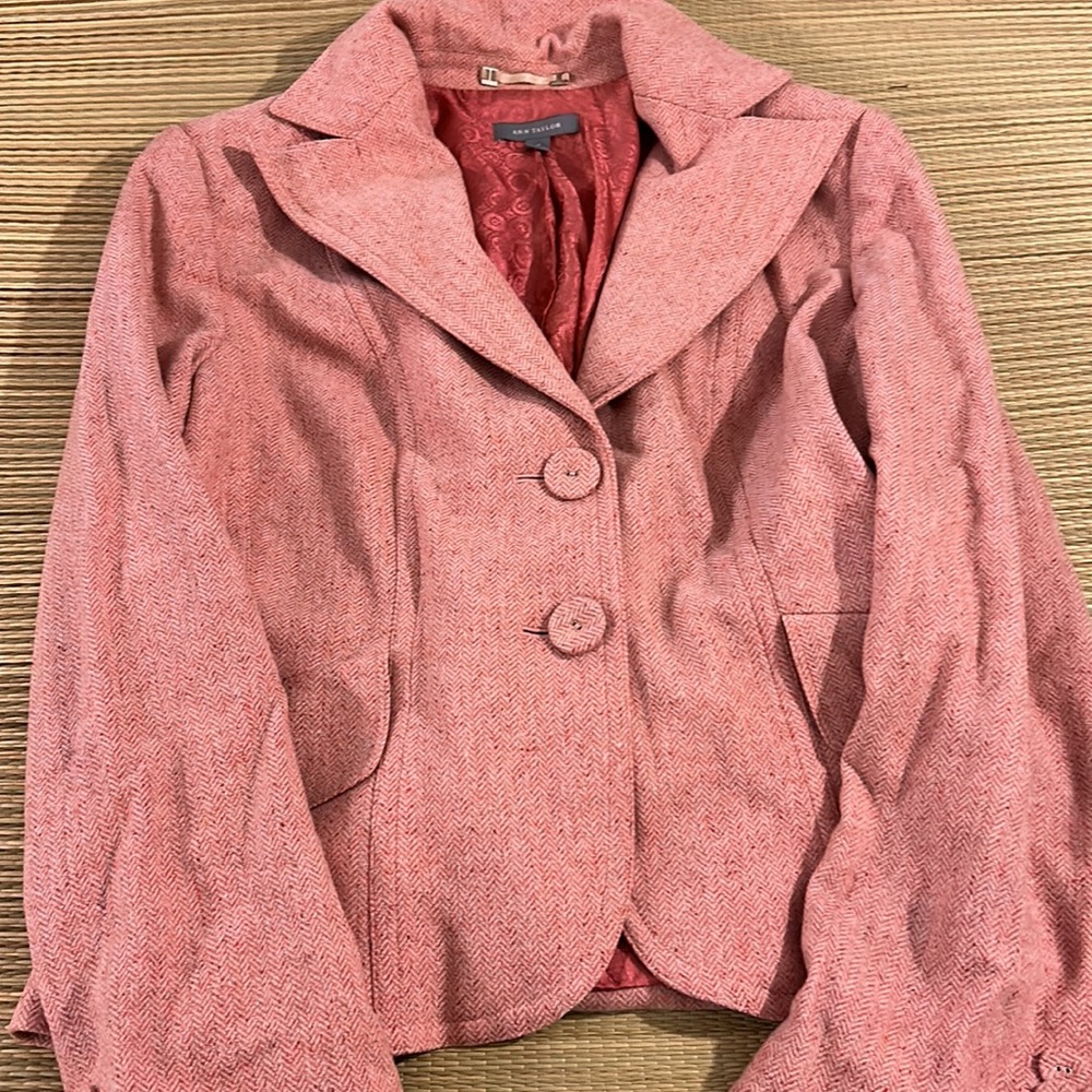 Ann Taylor Fringe Tweed Boucle Textured Woven Puff Sleeve Blazer Jacket Pink